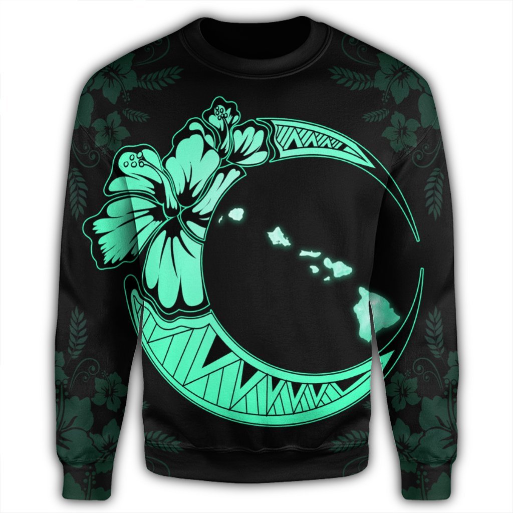 Hawaiian Map Hibiscus Turtle Polynesian Moon Sweatshirt Turquoise - AH - Polynesian Pride
