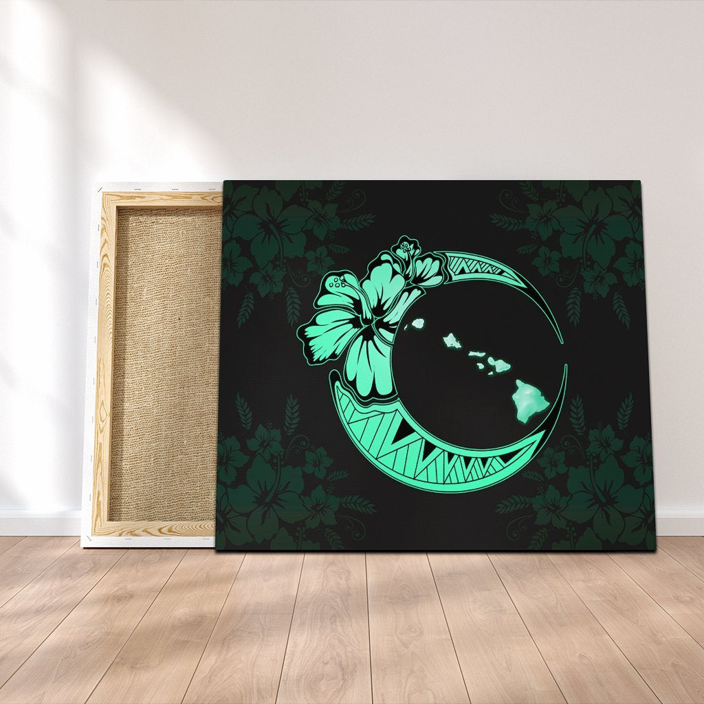 Hawaiian Map Hibiscus Turtle Polynesian Moon Canvas Turquoise - AH Canvas Poly-cotton - Polynesian Pride