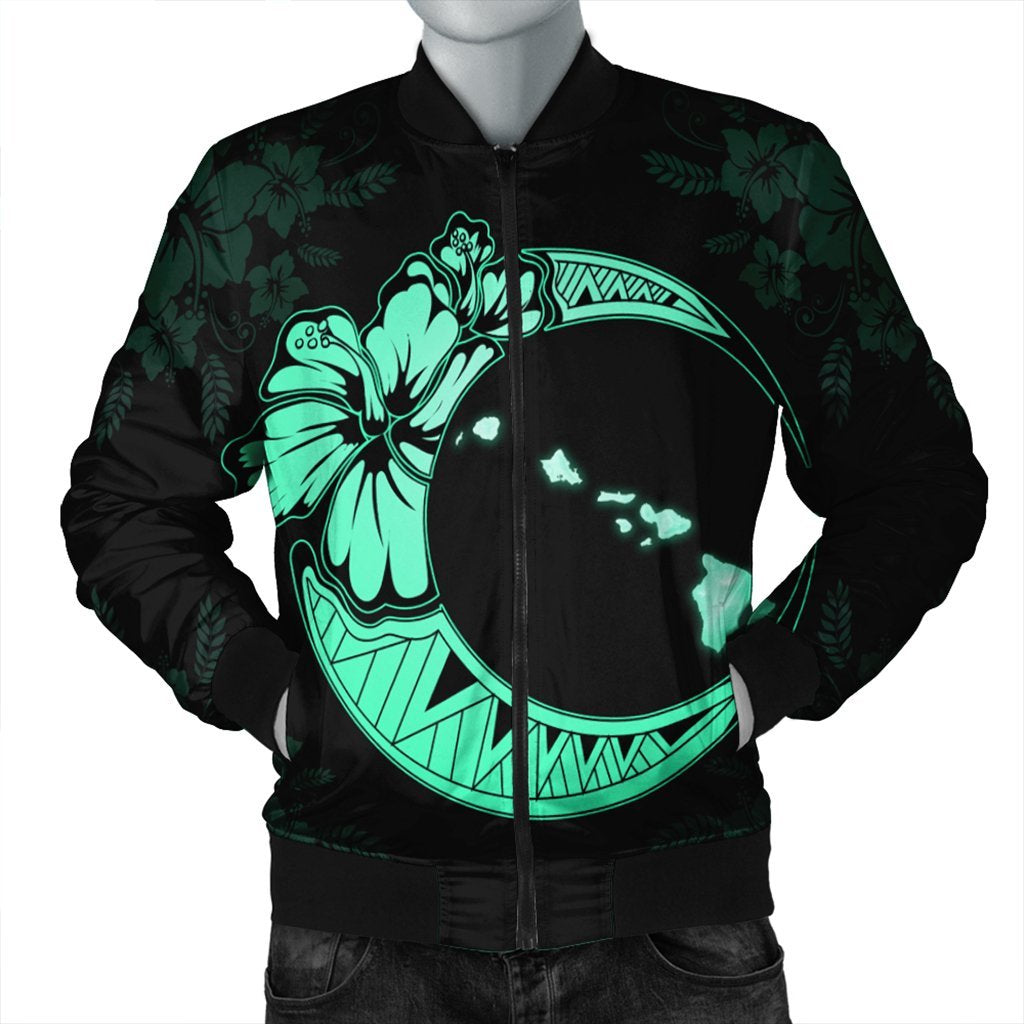 Hawaiian Map Hibiscus Turtle Polynesian Moon Bomber Jacket Turquoise - AH Black Unisex - Polynesian Pride