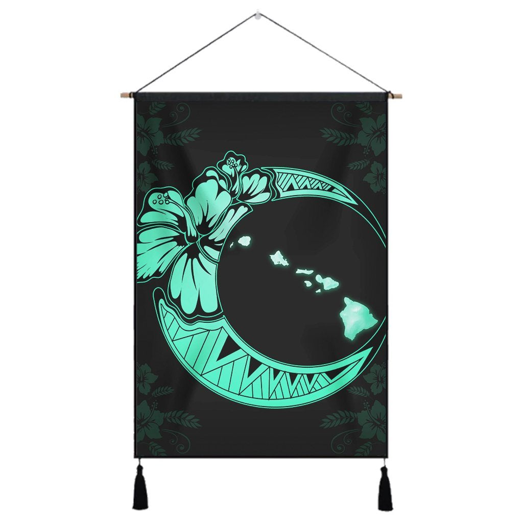Hawaiian Map Hibiscus Turtle Polynesian Moon Hanging Poster Turquoise - AH Hanging Poster Cotton And Linen - Polynesian Pride