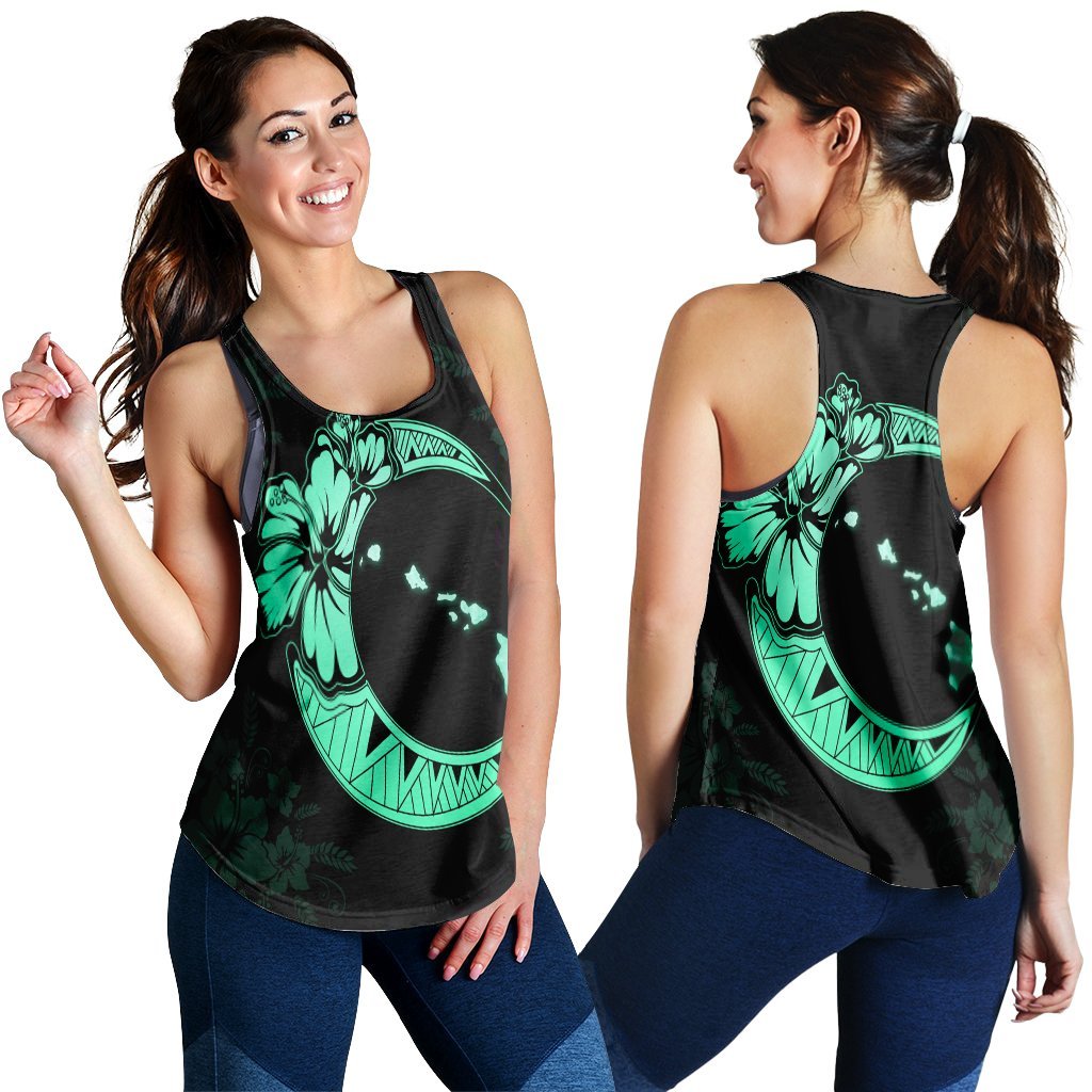 Hawaiian Map Hibiscus Turtle Polynesian Moon Racerback Tank Turquoise - AH Black - Polynesian Pride
