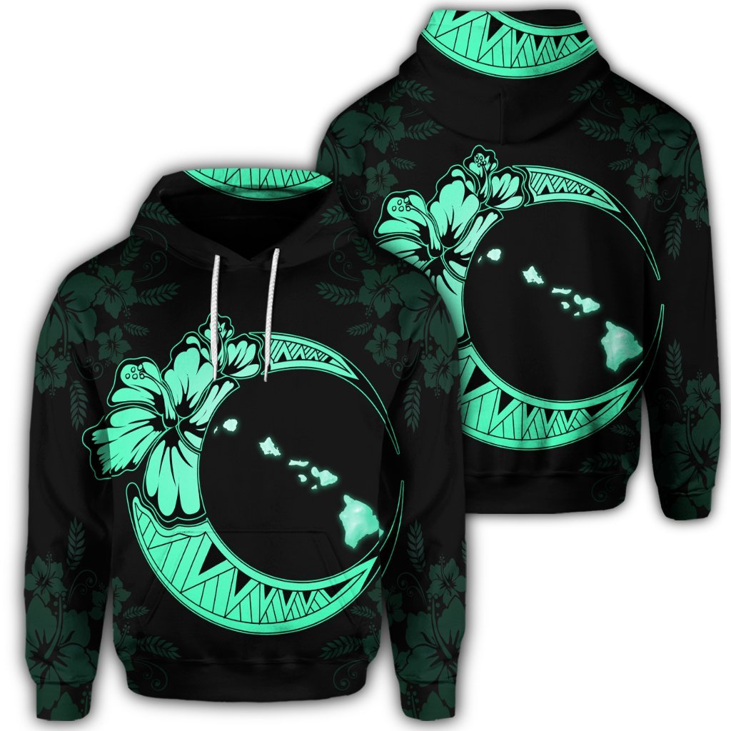 Hawaiian Map Hibiscus Turtle Polynesian Moon Hoodie Turquoise Unisex Art - Polynesian Pride