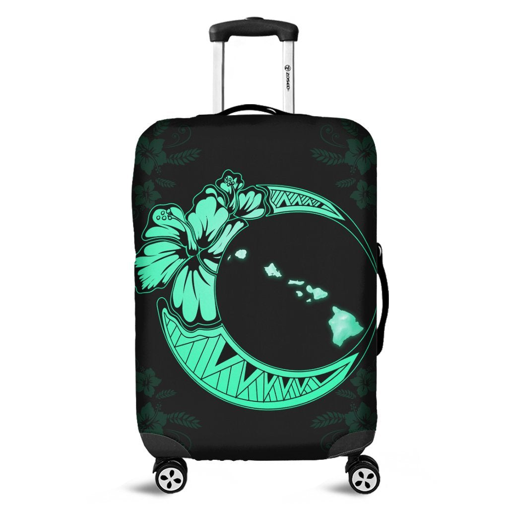 Hawaiian Map Hibiscus Turtle Polynesian Moon Luggage Covers Turquoise - AH Black - Polynesian Pride