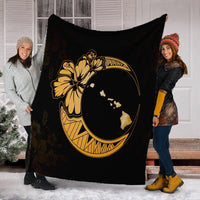 Hawaiian Map Hibiscus Turtle Polynesian Moon Premium Blankets Yellow - AH - Polynesian Pride