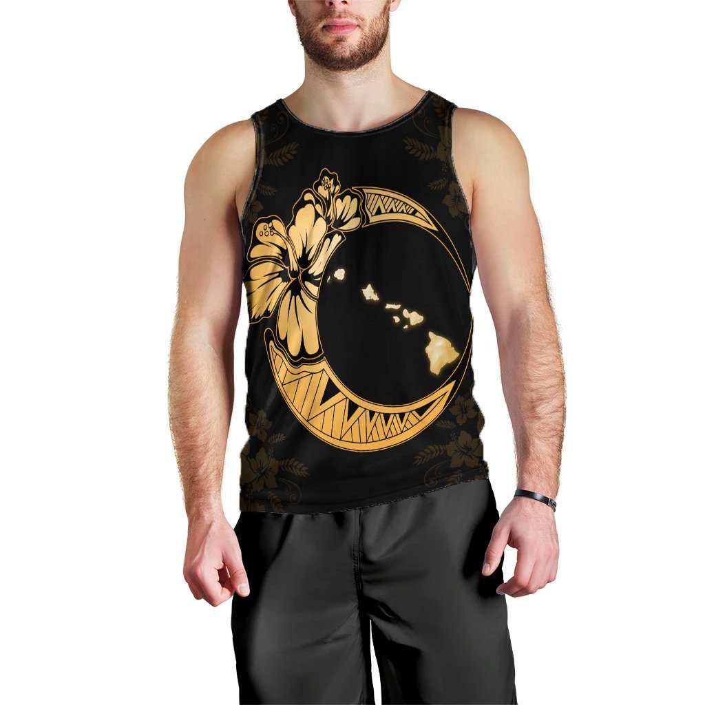 Hawaiian Map Hibiscus Turtle Polynesian Moon Tank Top Yellow - AH Black - Polynesian Pride