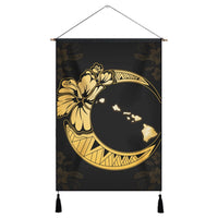 Hawaiian Map Hibiscus Turtle Polynesian Moon Hanging Poster Yellow - AH Hanging Poster Cotton And Linen - Polynesian Pride