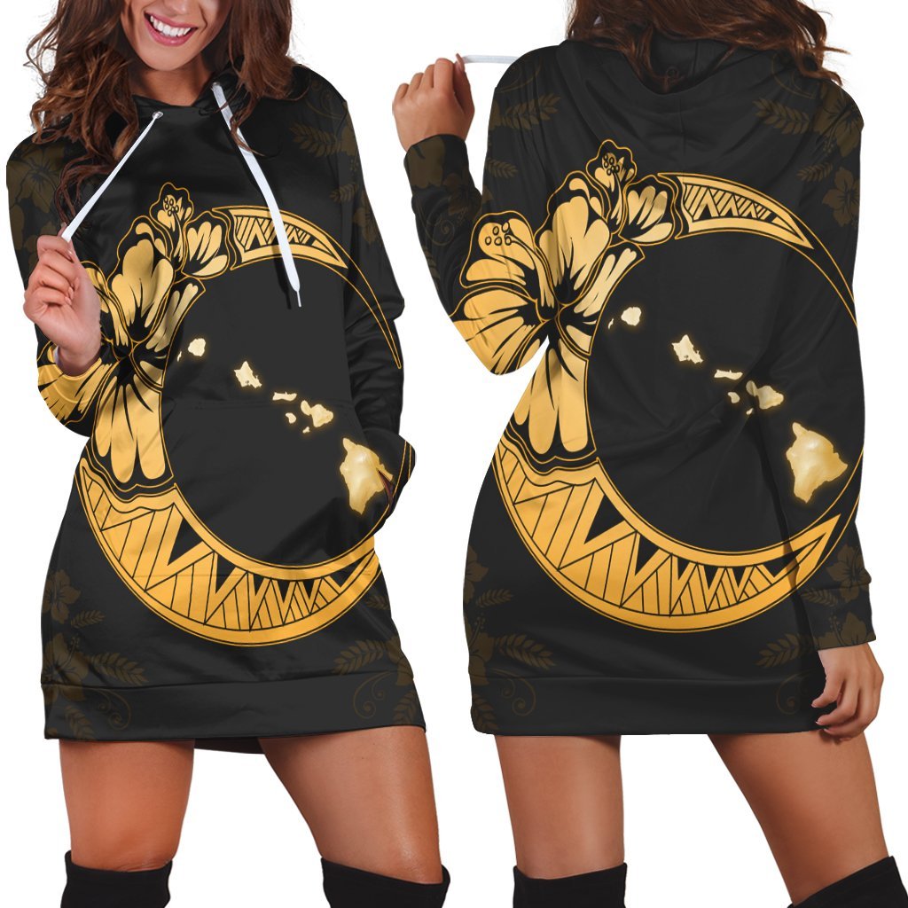 Hawaiian Map Hibiscus Turtle Polynesian Moon Hoodie Dress Yellow - AH Black - Polynesian Pride