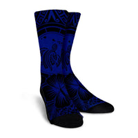 Hawaiian Map Honu Hibiscus Tropic Blue Polynesian Crew Socks - AH - Polynesian Pride