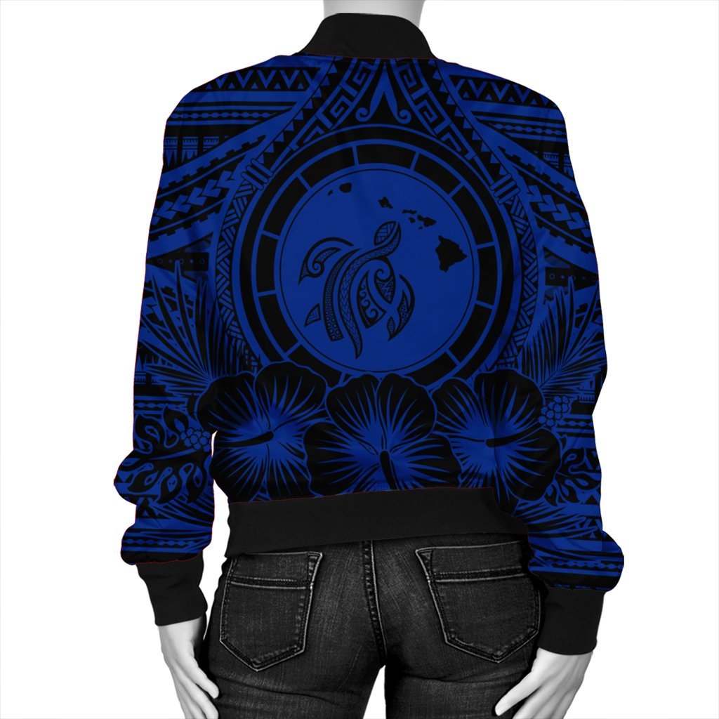 Hawaiian Map Honu Hibiscus Tropic Blue Polynesian Bomber Jacket - AH - Polynesian Pride