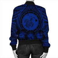 Hawaiian Map Honu Hibiscus Tropic Blue Polynesian Bomber Jacket - AH - Polynesian Pride