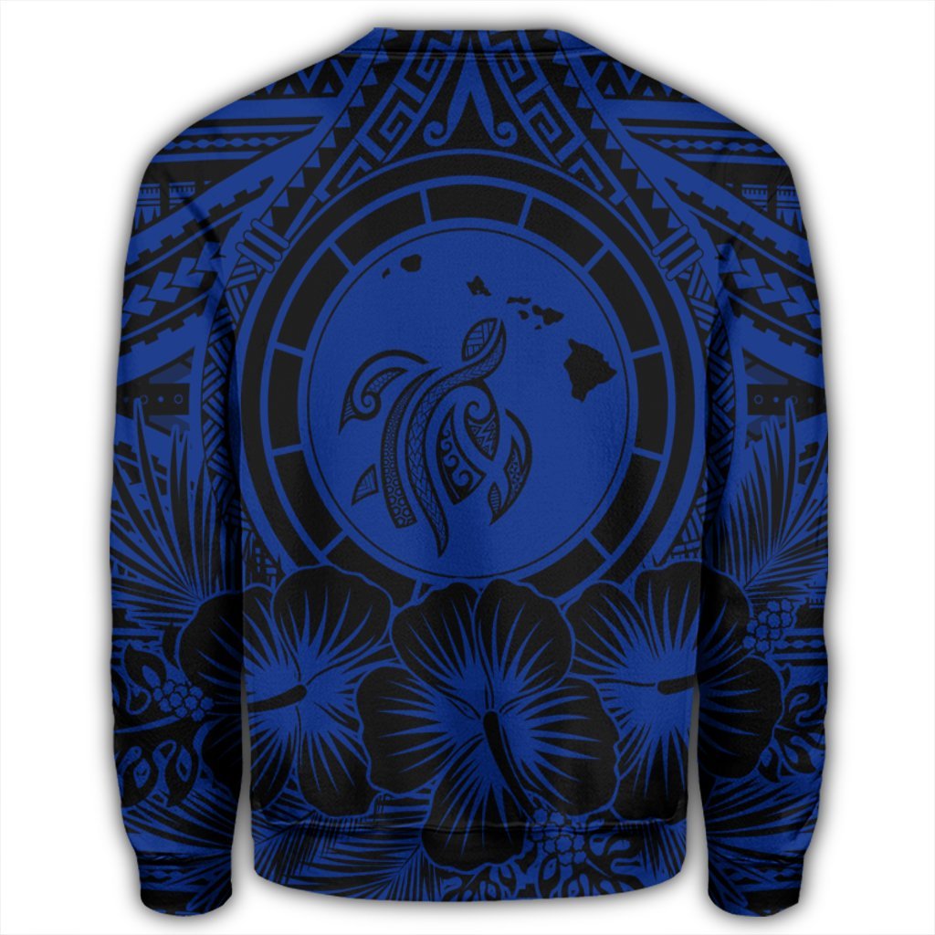Hawaiian Map Honu Hibiscus Tropic Blue Polynesian Sweatshirt - AH - Polynesian Pride