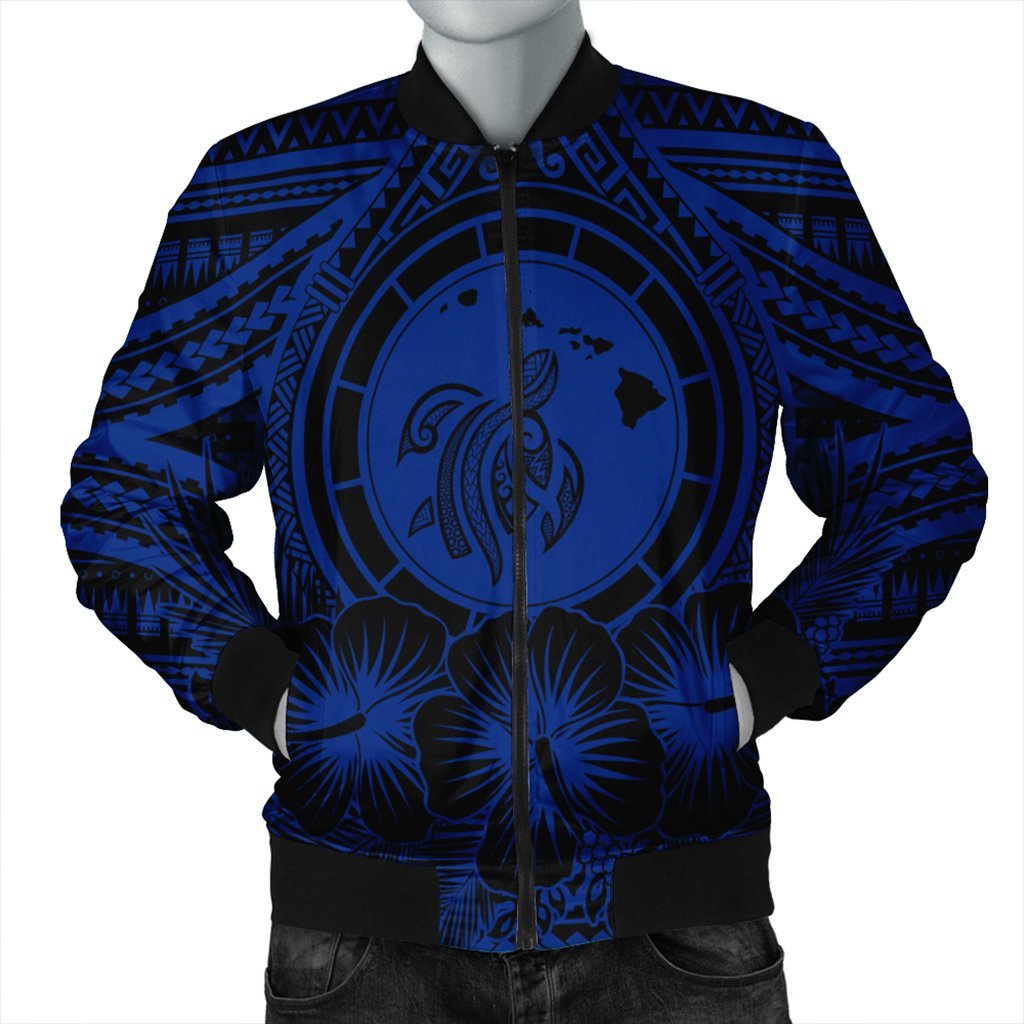 Hawaiian Map Honu Hibiscus Tropic Blue Polynesian Bomber Jacket - AH Black Unisex - Polynesian Pride