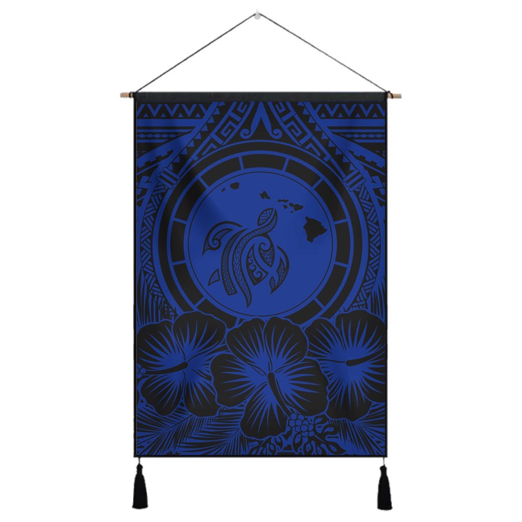 Hawaiian Map Honu Hibiscus Tropic Blue Polynesian Hanging Poster - AH Hanging Poster Cotton And Linen - Polynesian Pride