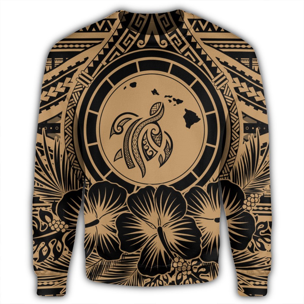 Hawaiian Map Honu Hibiscus Tropic Gold Polynesian Sweatshirt - AH - Polynesian Pride