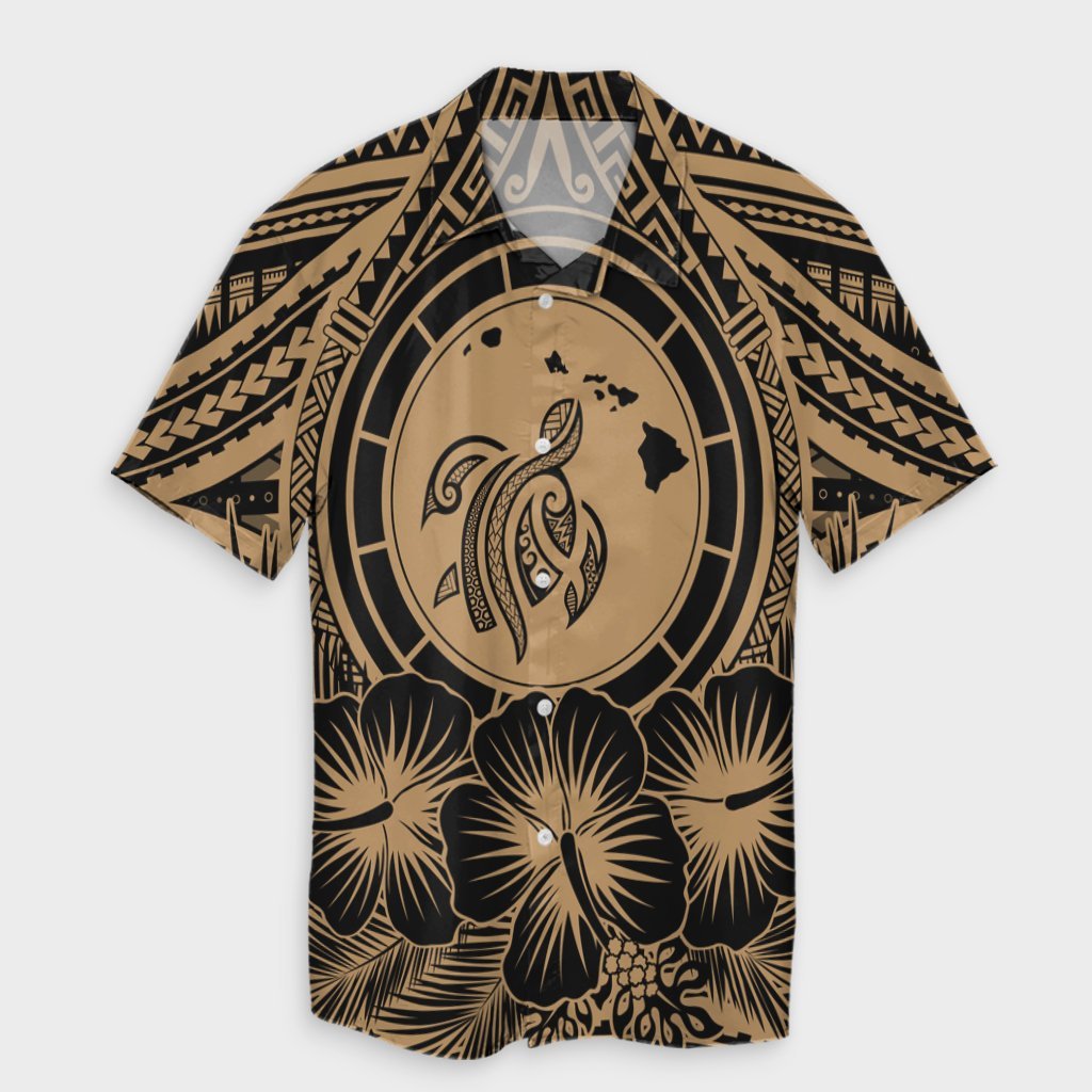 Hawaiian Map Honu Hibiscus Tropic Gold Polynesian Hawaiian Shirt - AH Unisex Black - Polynesian Pride