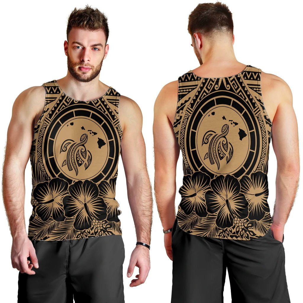 Hawaiian Map Honu Hibiscus Tropic Gold Polynesian Tank Top - AH - Polynesian Pride