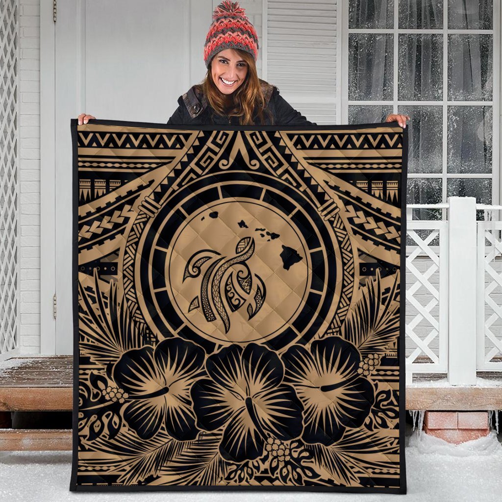Hawaiian Map Honu Hibiscus Tropic Gold Polynesian Premium Quilts - AH - Polynesian Pride