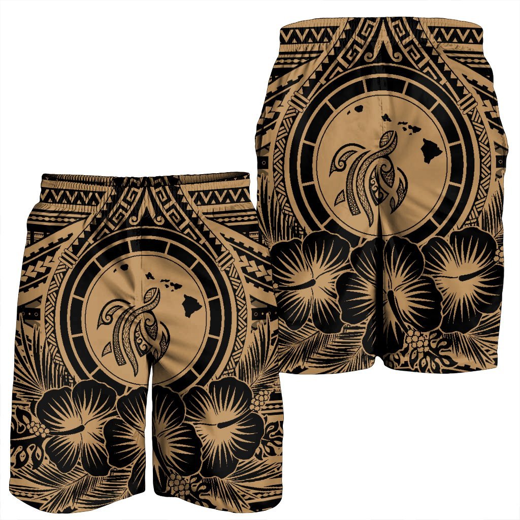 Hawaiian Map Honu Hibiscus Tropic Gold Polynesian Men's Shorts - AH - Polynesian Pride