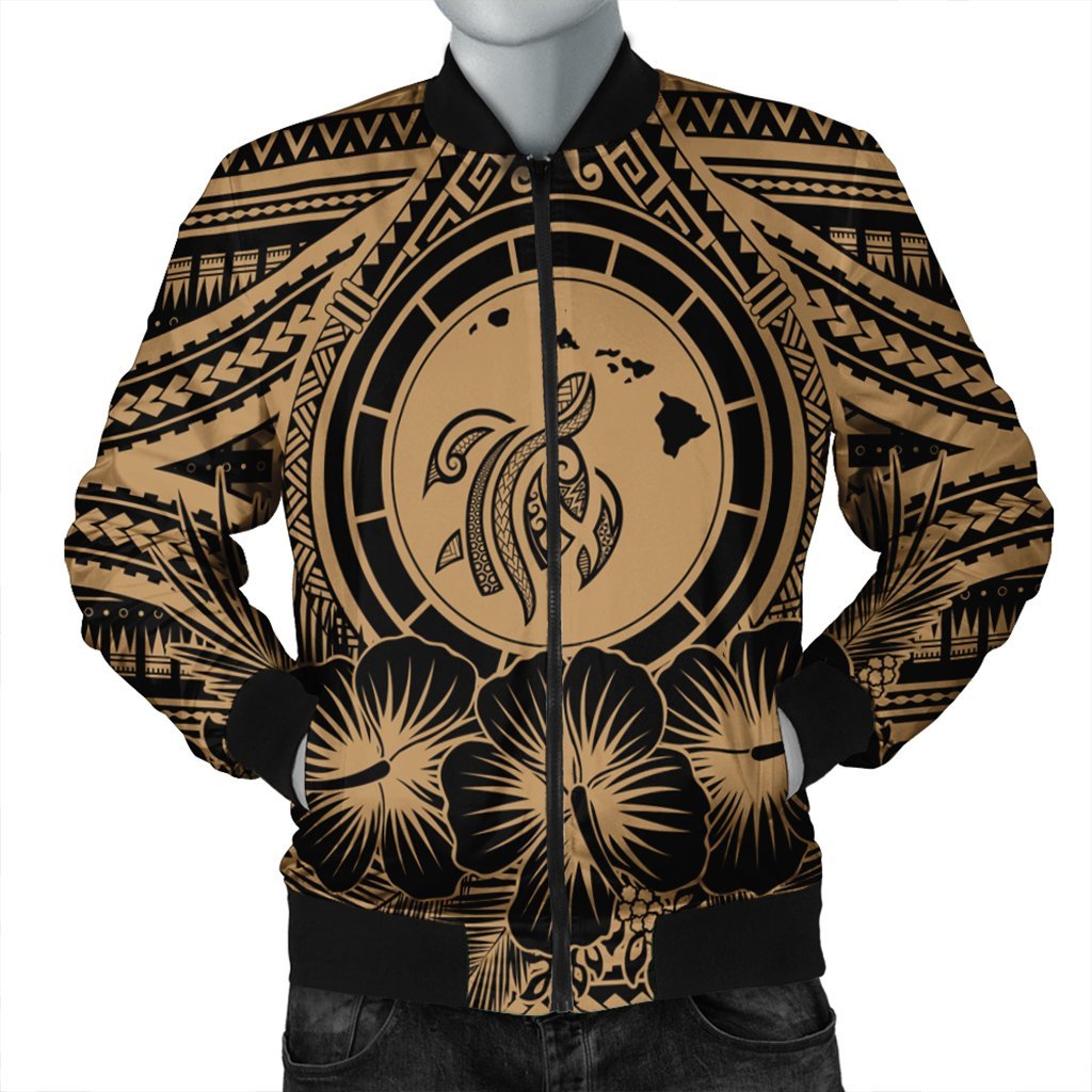 Hawaiian Map Honu Hibiscus Tropic Gold Polynesian Bomber Jacket - AH Black Unisex - Polynesian Pride