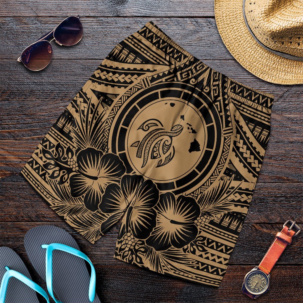 Hawaiian Map Honu Hibiscus Tropic Gold Polynesian Men's Shorts - AH Art - Polynesian Pride