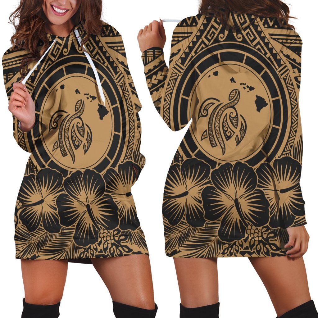 Hawaiian Map Honu Hibiscus Tropic Gold Polynesian Hoodie Dress - AH Black - Polynesian Pride