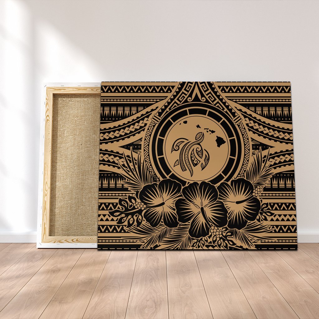 Hawaiian Map Honu Hibiscus Tropic Gold Polynesian Canvas - AH Canvas Poly-cotton - Polynesian Pride