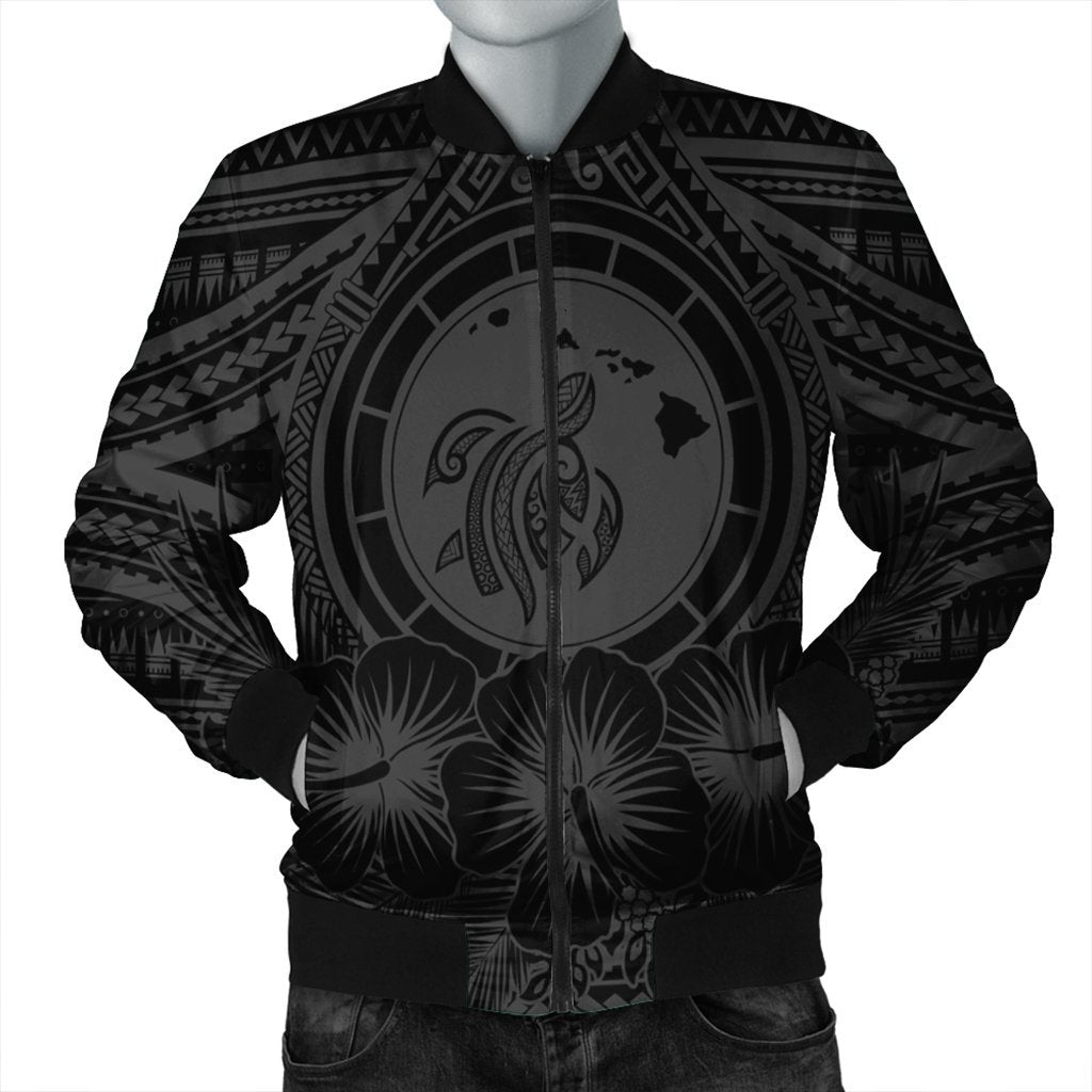 Hawaiian Map Honu Hibiscus Tropic Gray Polynesian Bomber Jacket - AH Black Unisex - Polynesian Pride