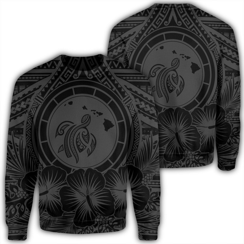Hawaiian Map Honu Hibiscus Tropic Gray Polynesian Sweatshirt - AH Unisex Black - Polynesian Pride