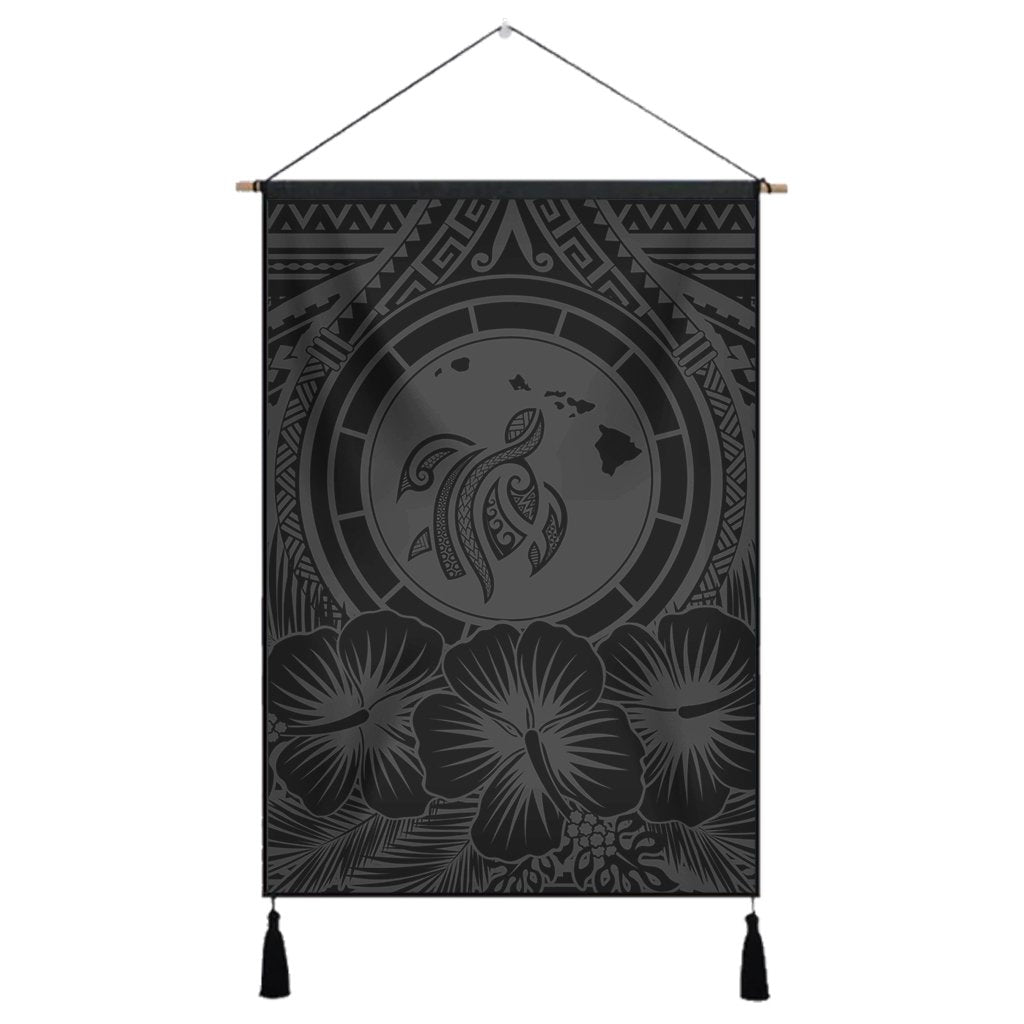 Hawaiian Map Honu Hibiscus Tropic Gray Polynesian Hanging Poster - AH Hanging Poster Cotton And Linen - Polynesian Pride