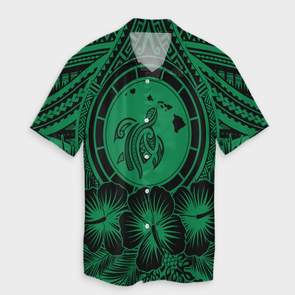 Hawaiian Map Honu Hibiscus Tropic Green Polynesian Hawaiian Shirt - AH Unisex Black - Polynesian Pride