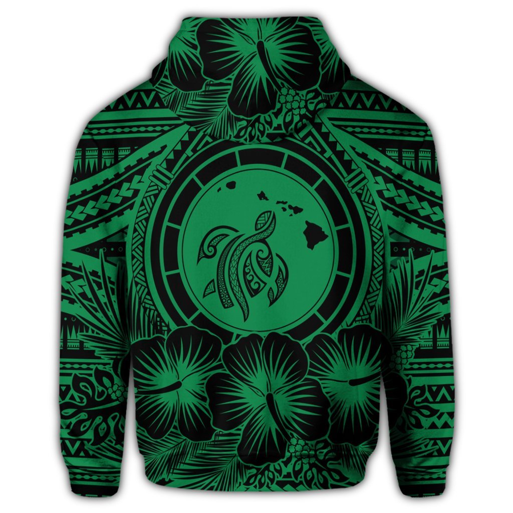 Hawaiian Map Honu Hibiscus Tropic Green Polynesian Zip Hoodie - Polynesian Pride