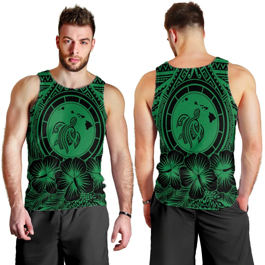 Hawaiian Map Honu Hibiscus Tropic Green Polynesian Tank Top - AH - Polynesian Pride