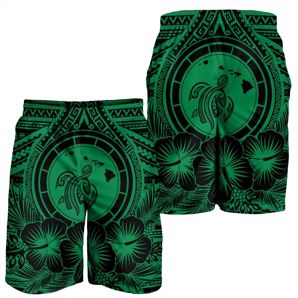 Hawaiian Map Honu Hibiscus Tropic Green Polynesian Men's Shorts - AH - Polynesian Pride