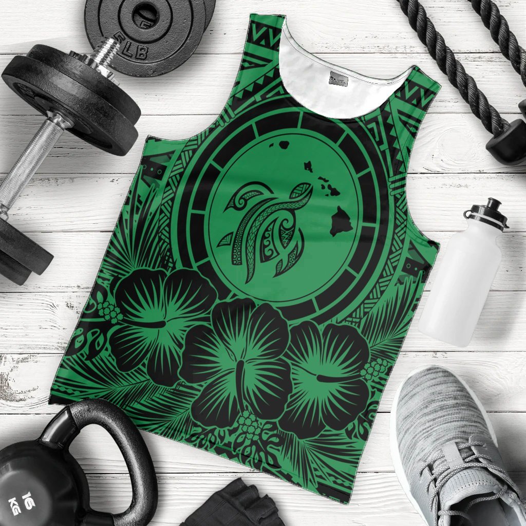 Hawaiian Map Honu Hibiscus Tropic Green Polynesian Tank Top - AH - Polynesian Pride