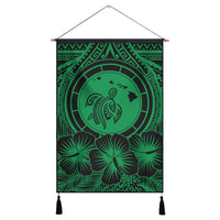 Hawaiian Map Honu Hibiscus Tropic Green Polynesian Hanging Poster - AH Hanging Poster Cotton And Linen - Polynesian Pride