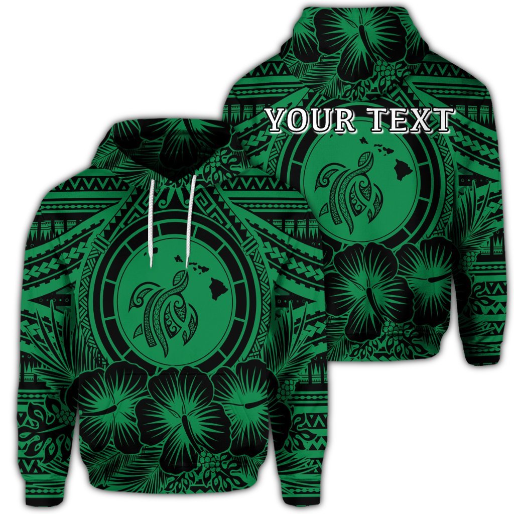 Custom Hawaiian Map Honu Hibiscus Tropic Green Polynesian Hoodie Unisex Art - Polynesian Pride