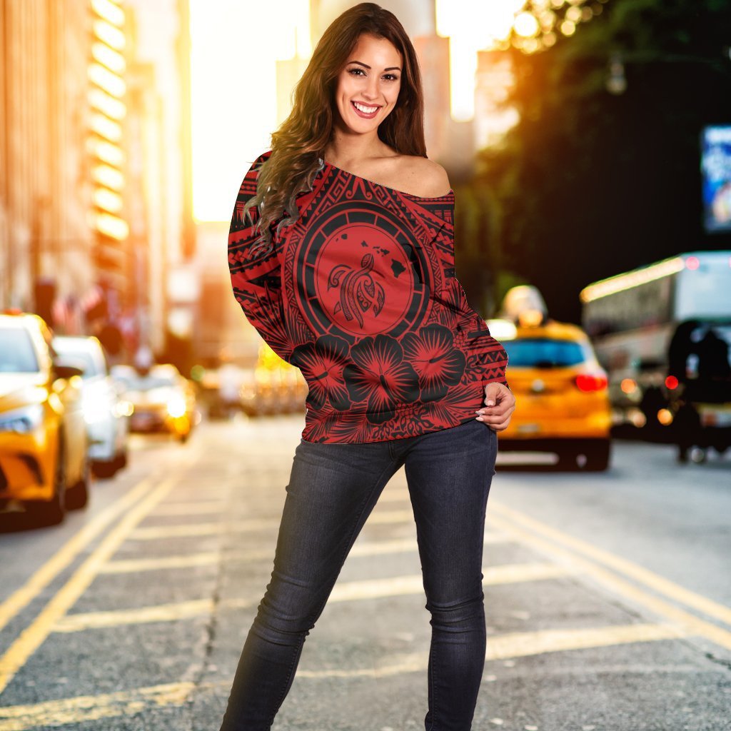Hawaiian Map Honu Hibiscus Tropic Red Polynesian Women's Off Shoulder Sweater - AH - Polynesian Pride
