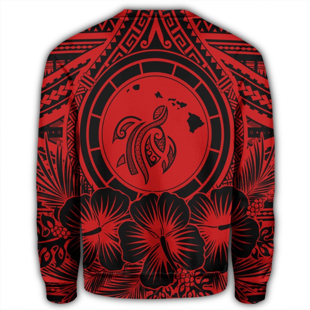 Hawaiian Map Honu Hibiscus Tropic Red Polynesian Sweatshirt - AH - Polynesian Pride