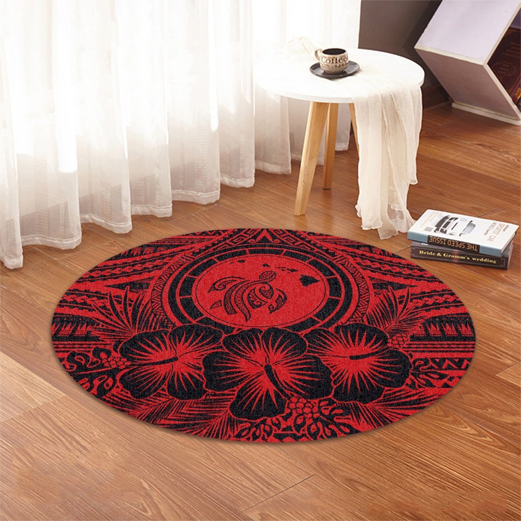 Hawaiian Map Honu Hibiscus Tropic Red Polynesian Round Carpet - AH - Polynesian Pride