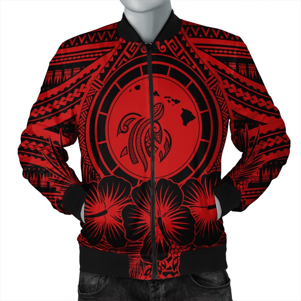 Hawaiian Map Honu Hibiscus Tropic Red Polynesian Bomber Jacket - AH Black Unisex - Polynesian Pride