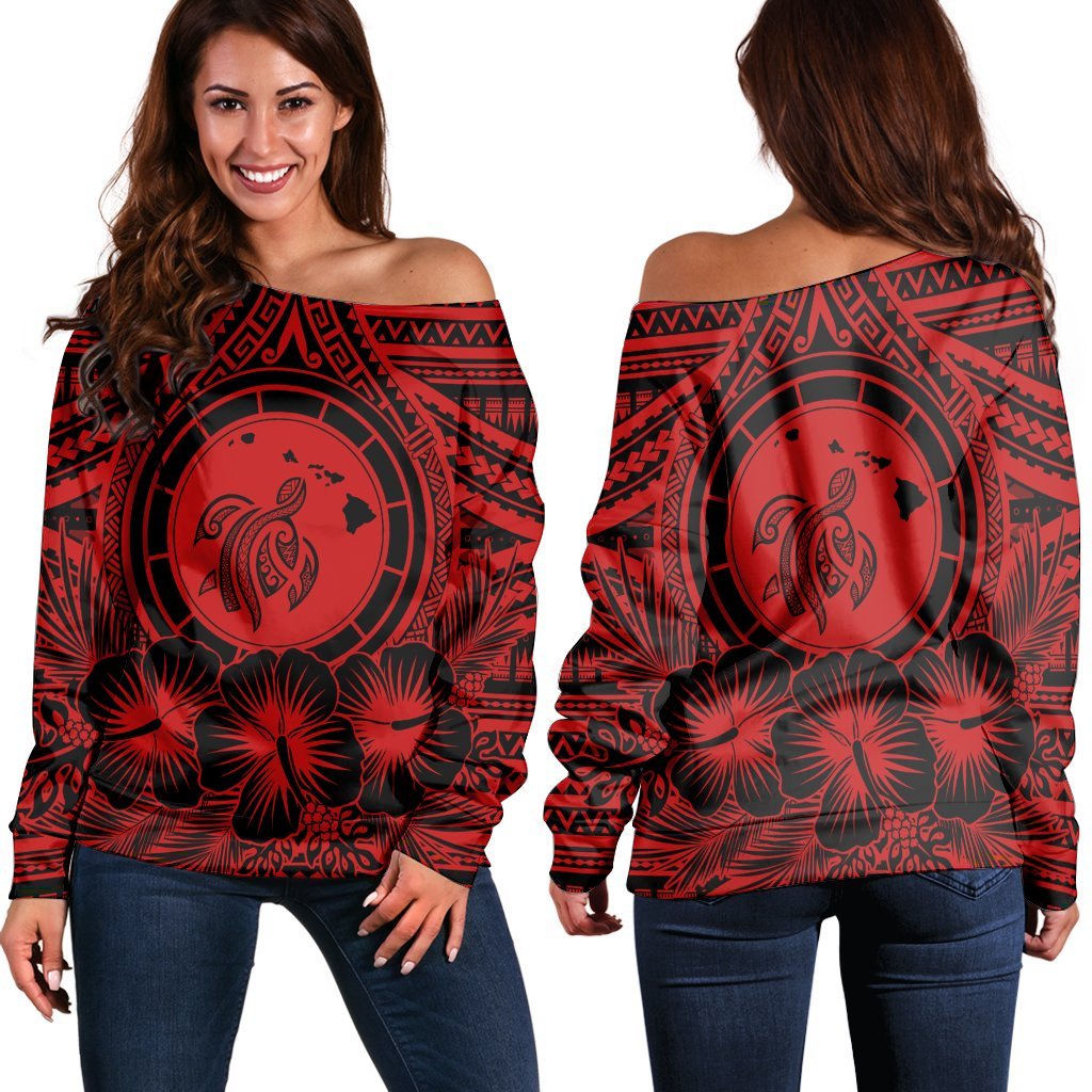 Hawaiian Map Honu Hibiscus Tropic Red Polynesian Women's Off Shoulder Sweater - AH Black - Polynesian Pride