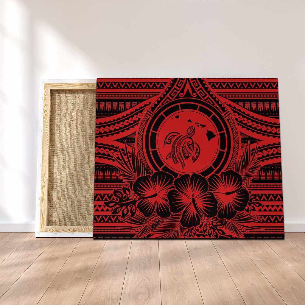 Hawaiian Map Honu Hibiscus Tropic Red Polynesian Canvas - AH Canvas Poly-cotton - Polynesian Pride