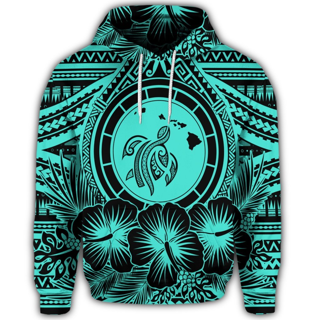 Hawaiian Map Honu Hibiscus Tropic Turquoise Polynesian Hoodie - Polynesian Pride