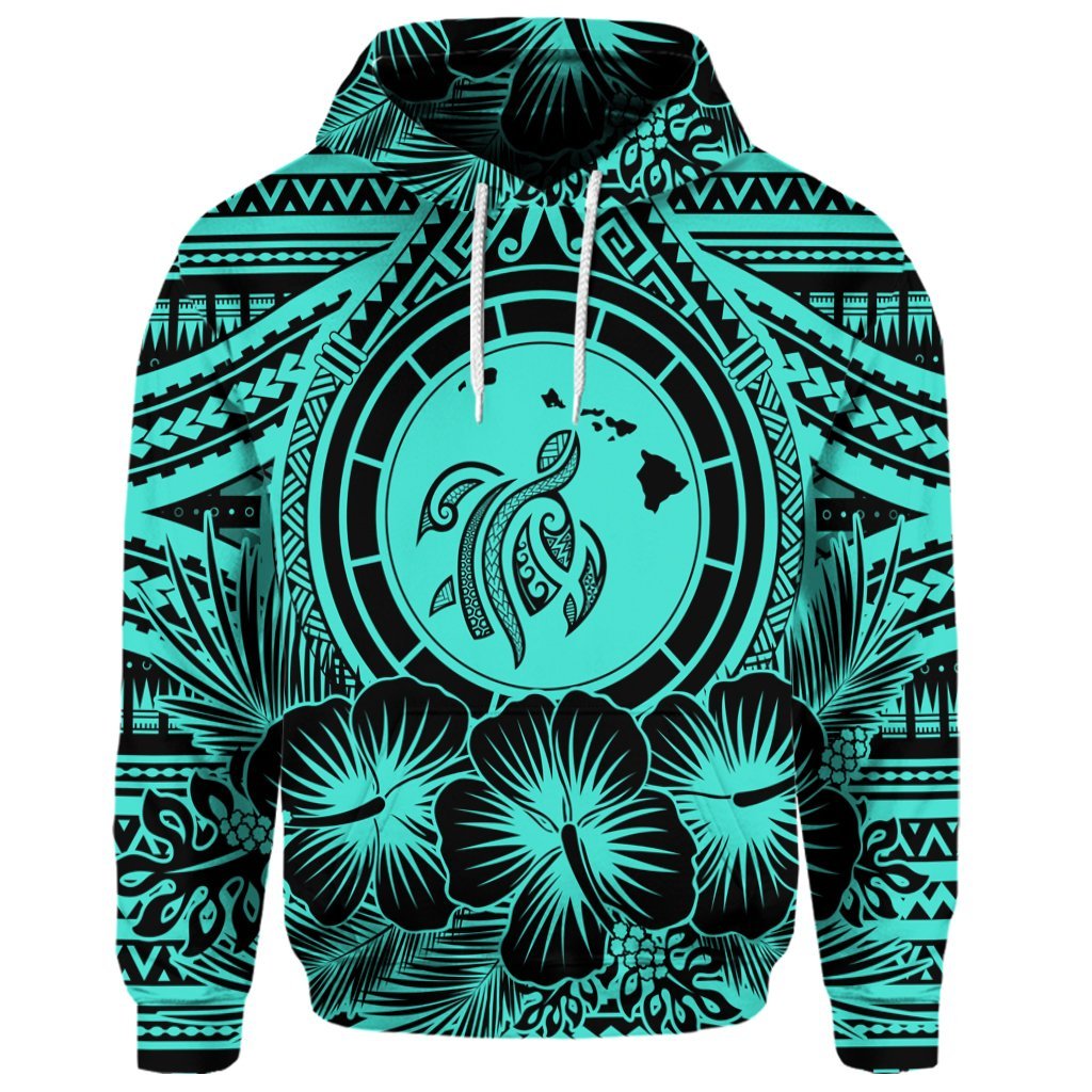 Custom Hawaiian Map Honu Hibiscus Tropic Turquoise Polynesian Hoodie - Polynesian Pride