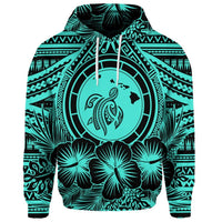 Custom Hawaiian Map Honu Hibiscus Tropic Turquoise Polynesian Hoodie - Polynesian Pride