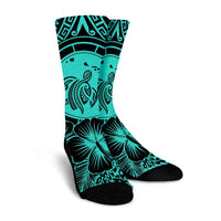 Hawaiian Map Honu Hibiscus Tropic Turquoise Polynesian Crew Socks - AH - Polynesian Pride