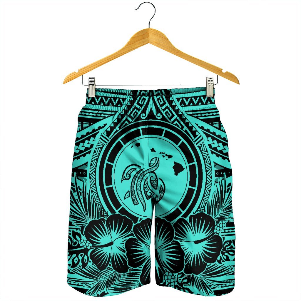 Hawaiian Map Honu Hibiscus Tropic Turquoise Polynesian Men's Shorts - AH - Polynesian Pride