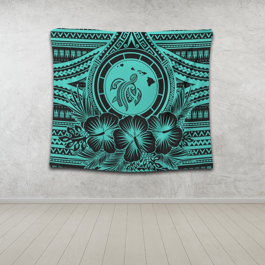 Hawaiian Map Honu Hibiscus Tropic Turquoise Polynesian Tapestry - AH - Polynesian Pride