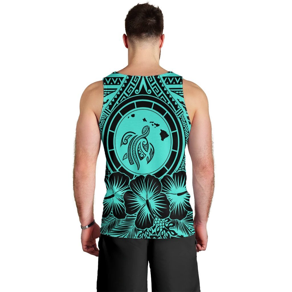 Hawaiian Map Honu Hibiscus Tropic Turquoise Polynesian Tank Top - AH - Polynesian Pride