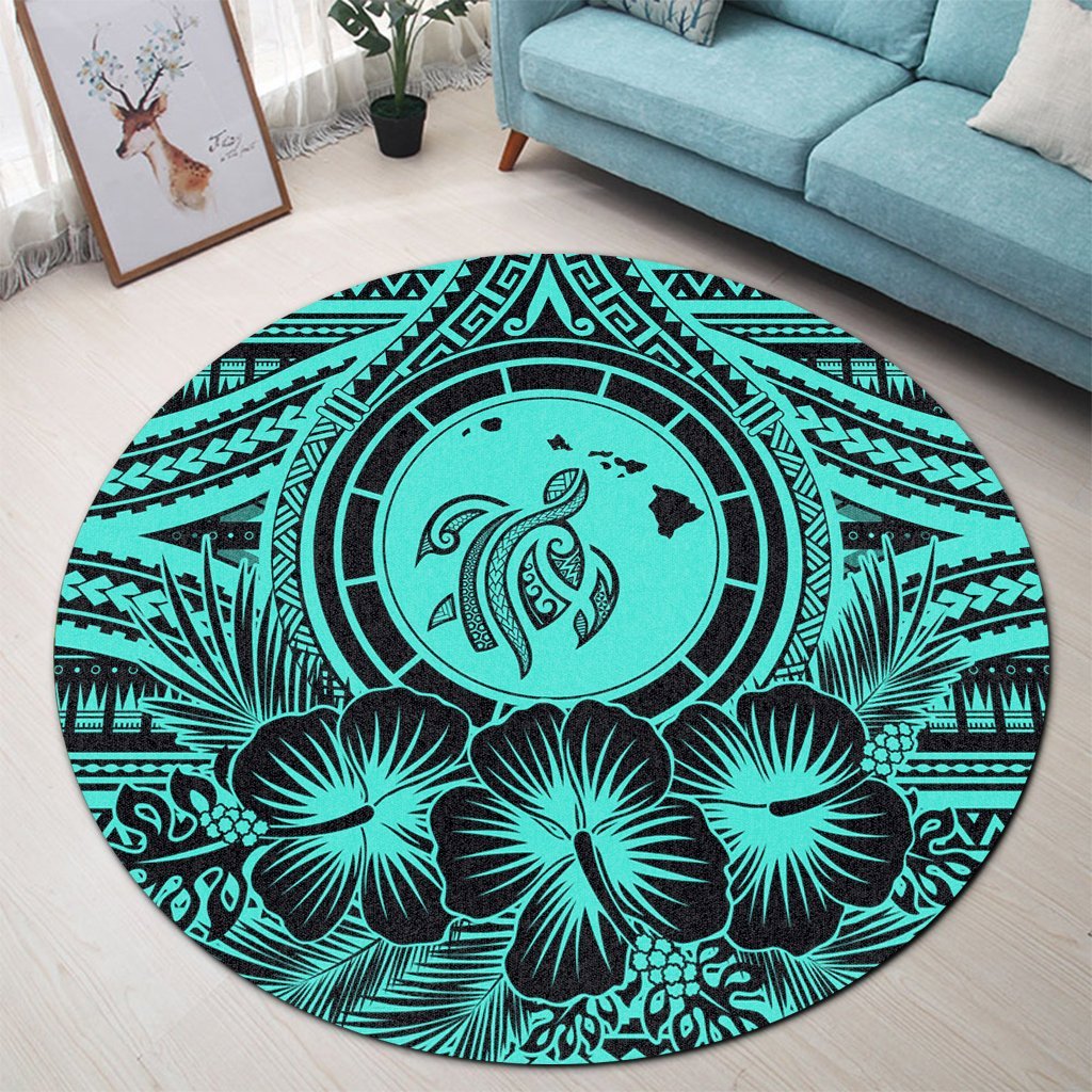 Hawaiian Map Honu Hibiscus Tropic Turquoise Polynesian Round Carpet - AH - Polynesian Pride